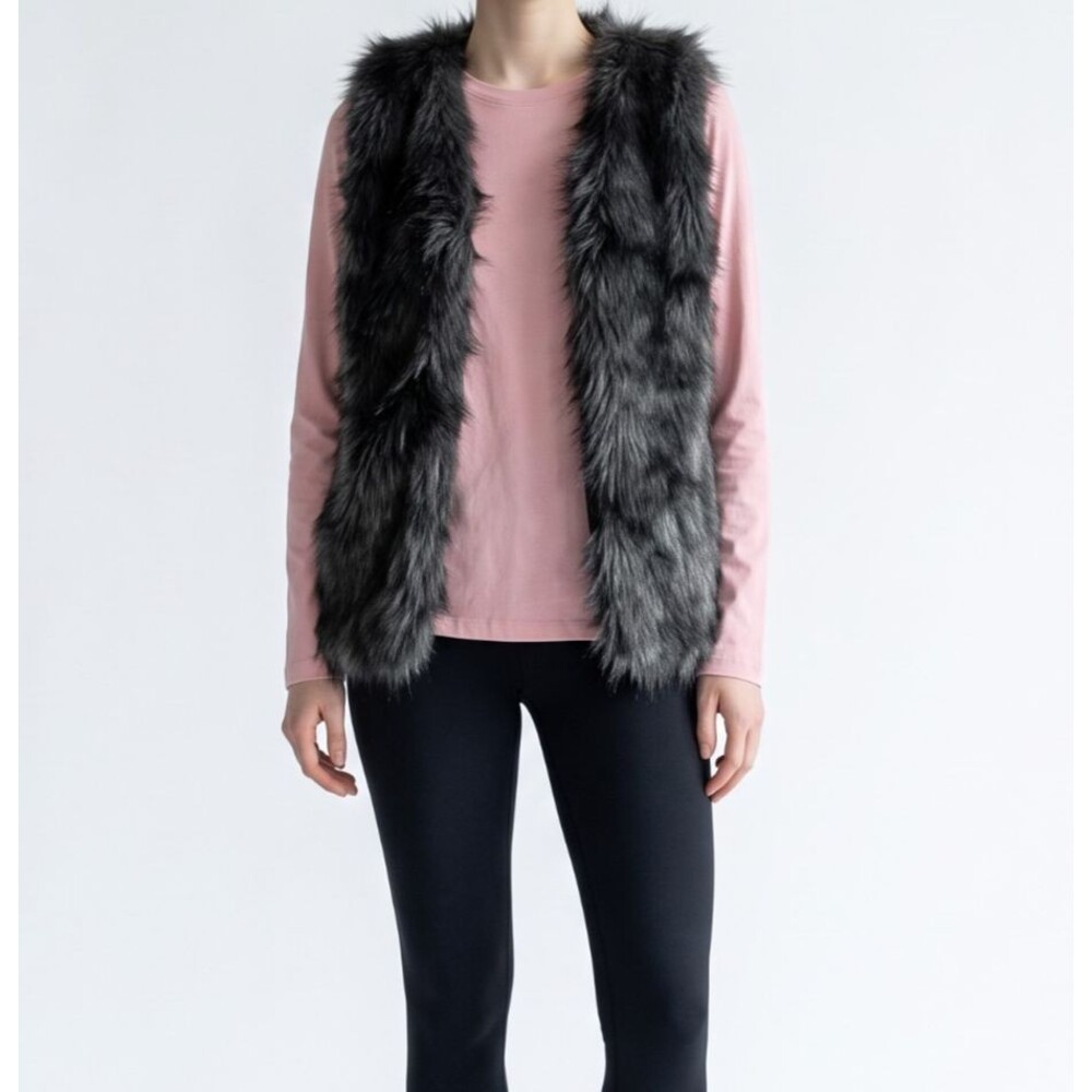 Sebby Collection NEW Black Faux Fur Vest Knit Back Women Medium Festival Retro